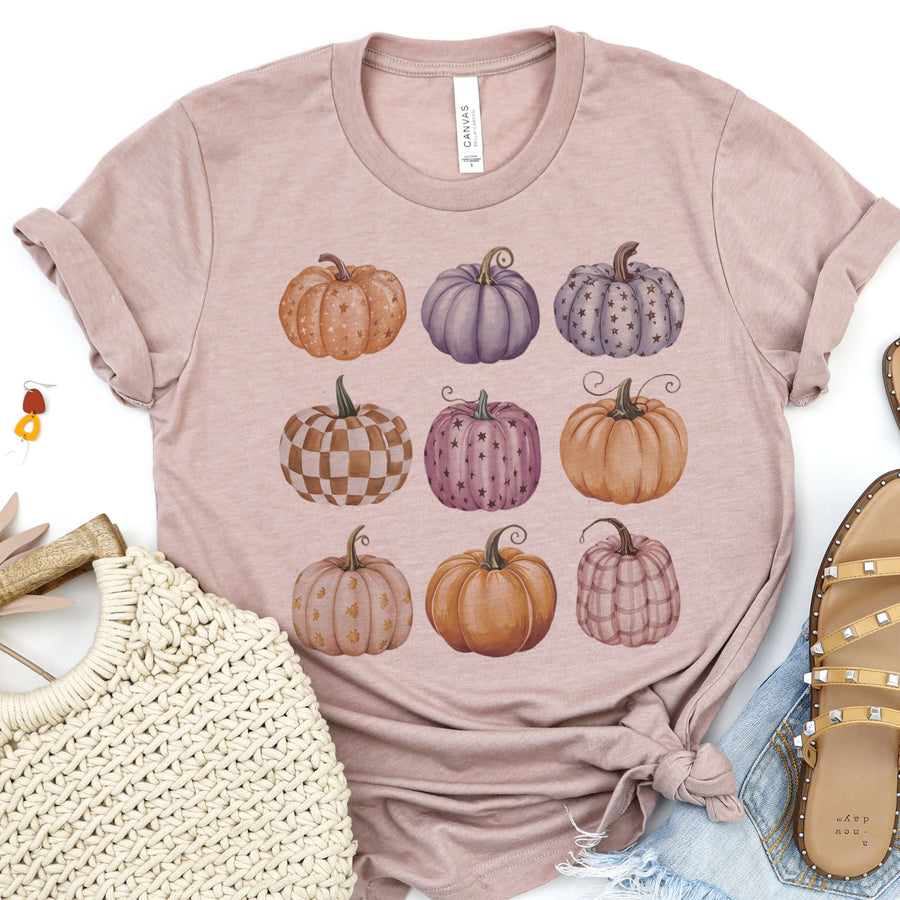 FALL DUSTY HEATHER PINK PUMPKINS GRAPHIC TEE