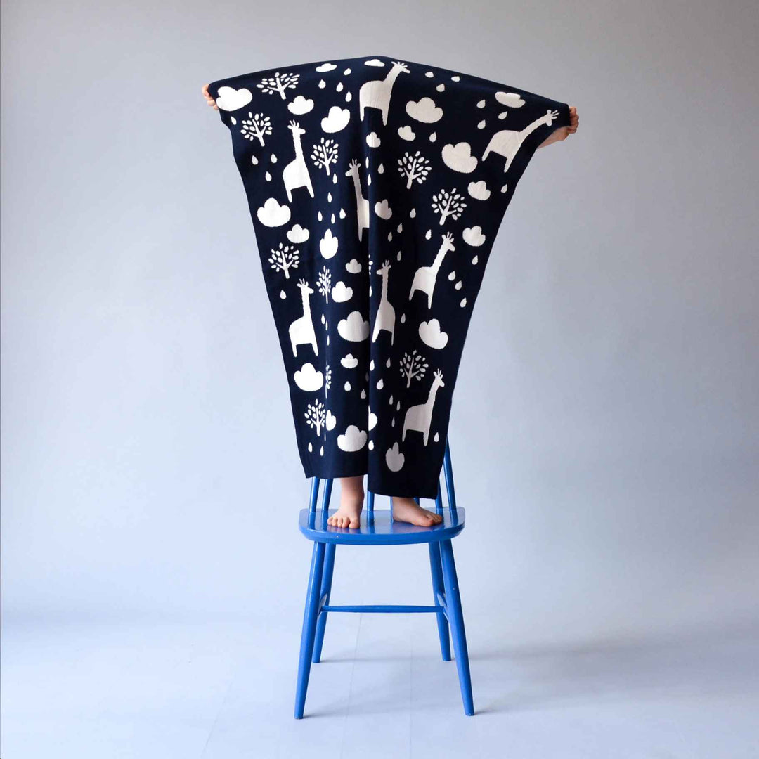 Navy Giraffe Reversible Baby Blanket