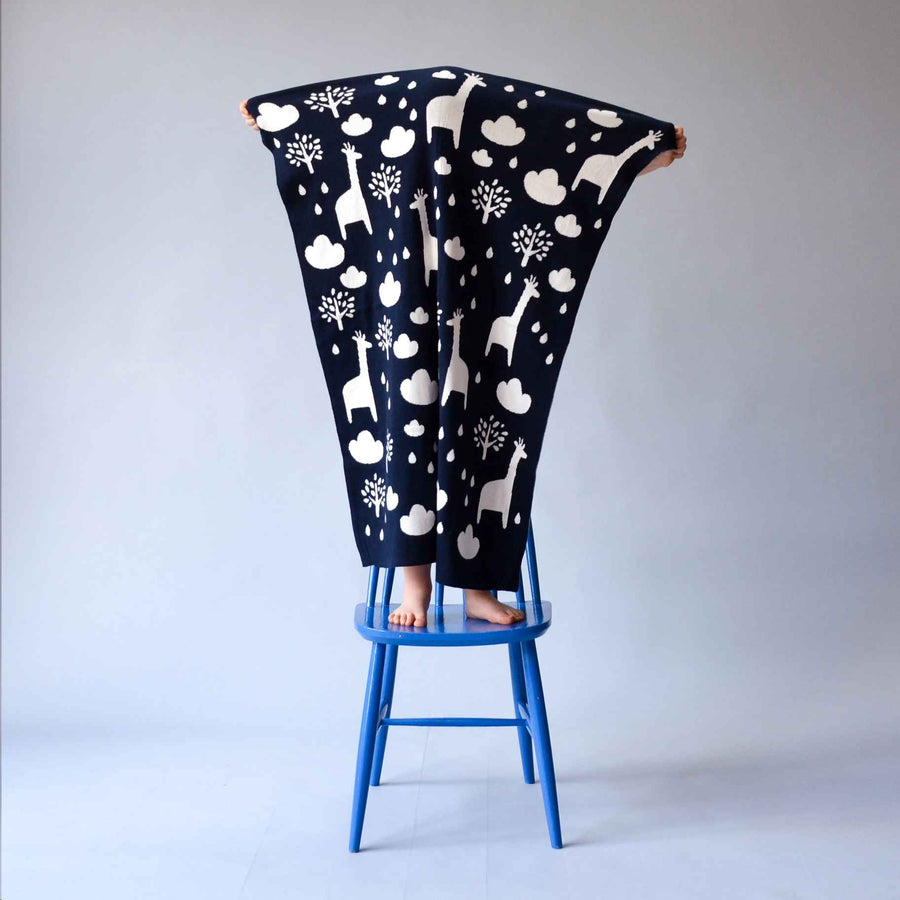 Navy Giraffe Reversible Baby Blanket