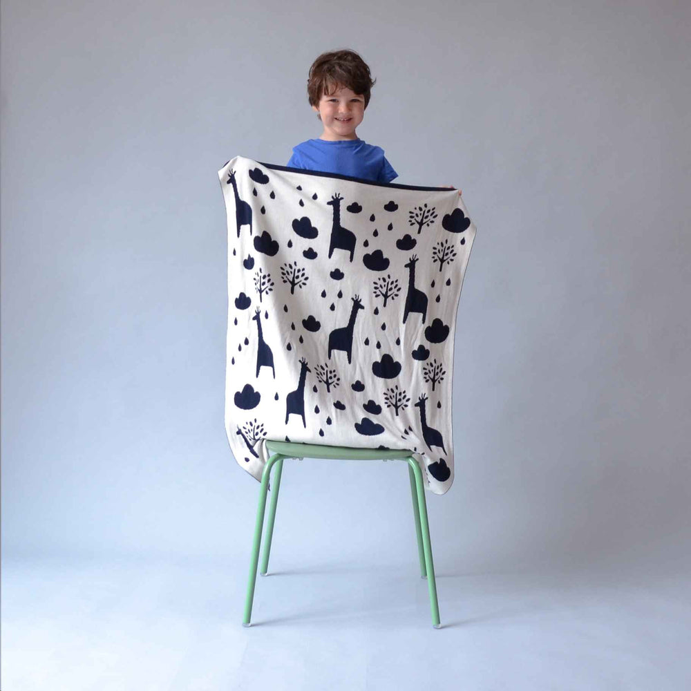Navy Giraffe Reversible Baby Blanket