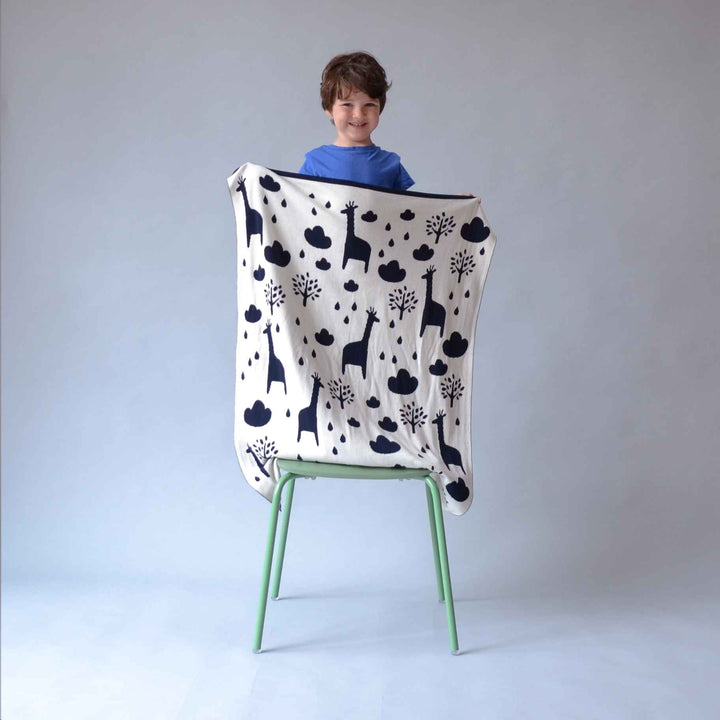 Navy Giraffe Reversible Baby Blanket