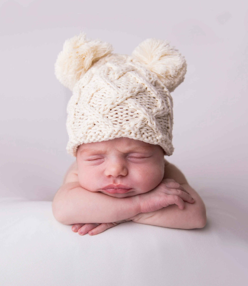 Natural Double Pom Newborn Hat