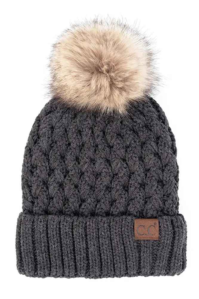 Charcoal Lattice Crossover Stitch Pom Beanie