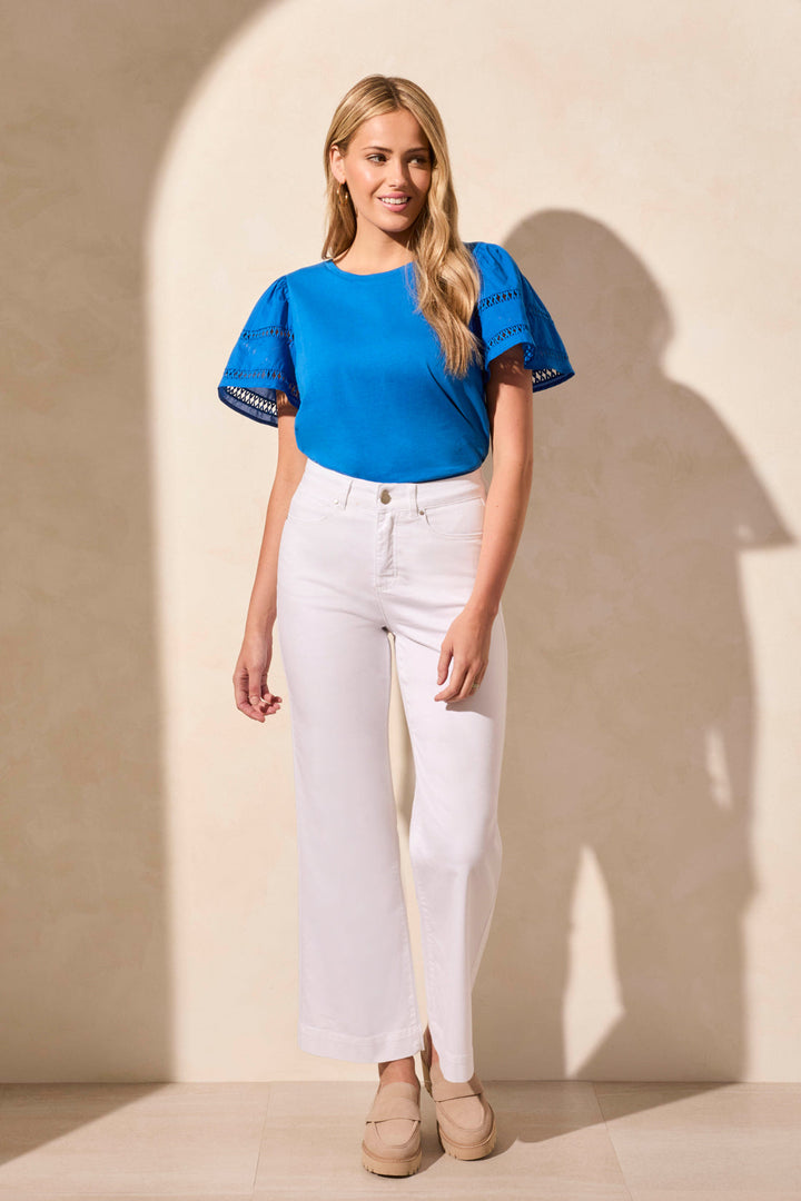 WHITE COMFORT STRETCH TWILL WIDE LEG PANTS