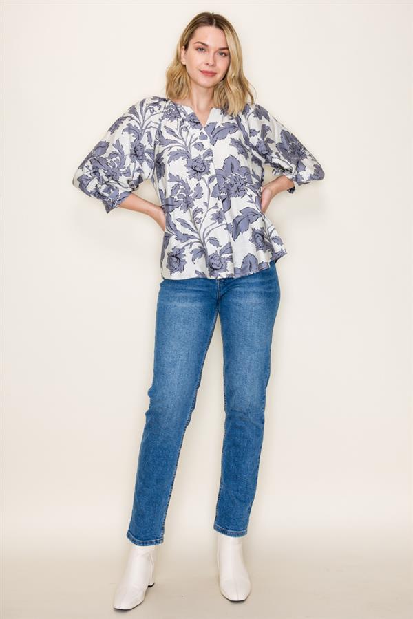 LOVELY GREY FLORAL SPLIT NECK BLOUSE