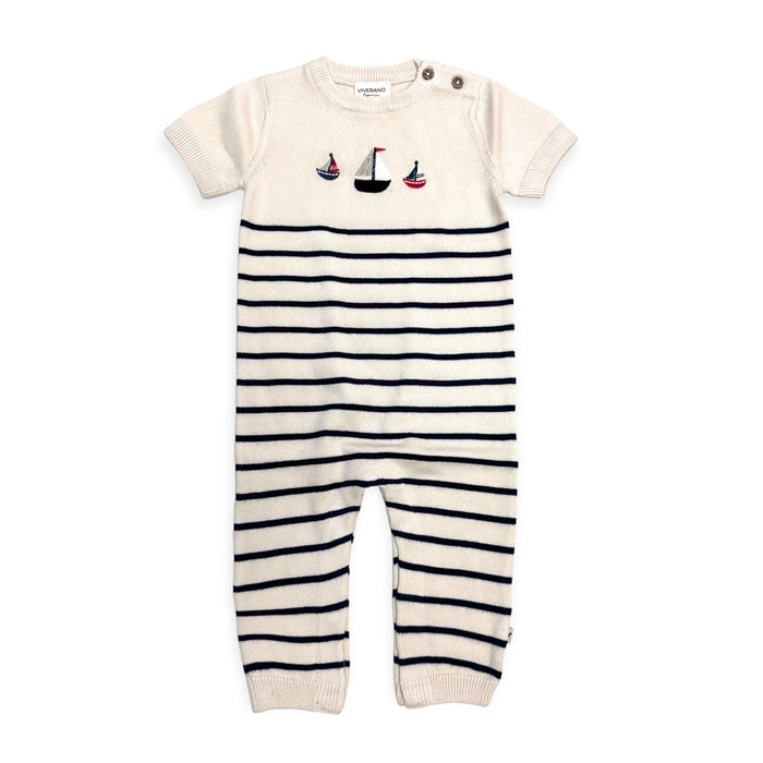 SAILBOAT EMBROIDERED KNIT SHORT SLEEVE BABY JUMPSUIT