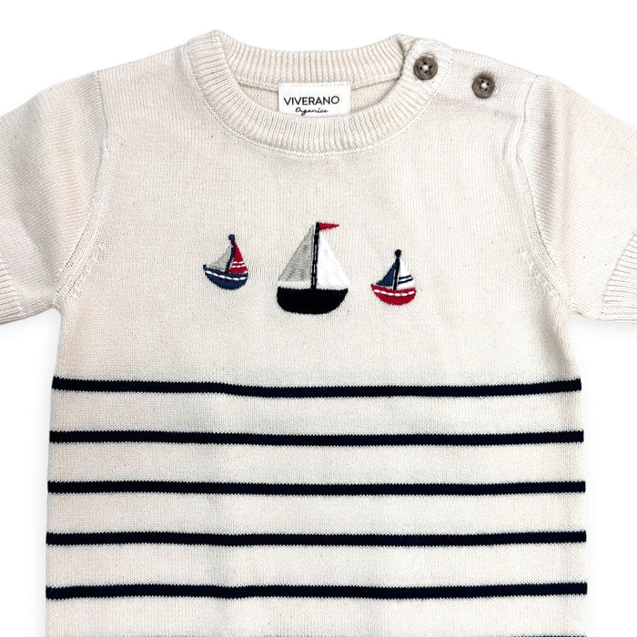 SAILBOAT EMBROIDERED KNIT SHORT SLEEVE BABY JUMPSUIT