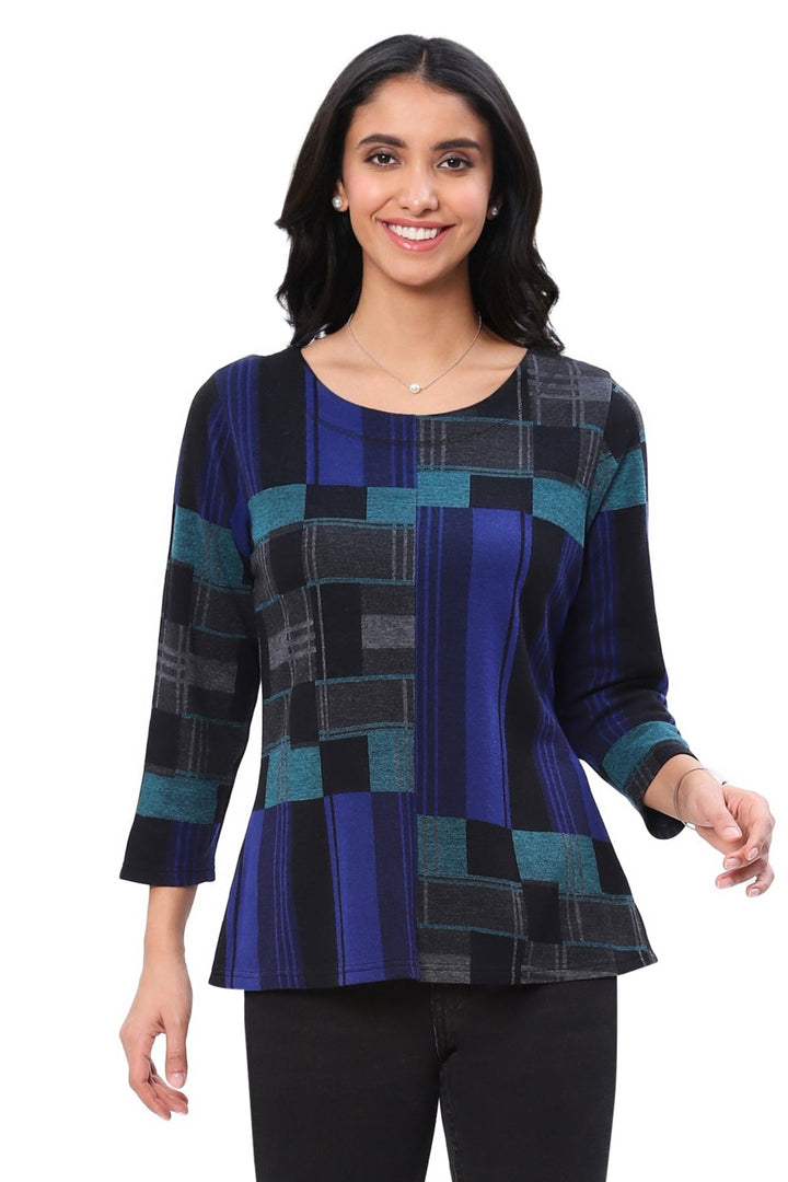 STEFFI BLUE BLOCKS 3/4 SLEEVE KNIT TOP