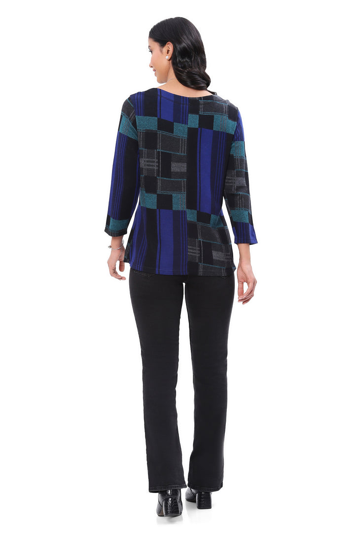 STEFFI BLUE BLOCKS 3/4 SLEEVE KNIT TOP