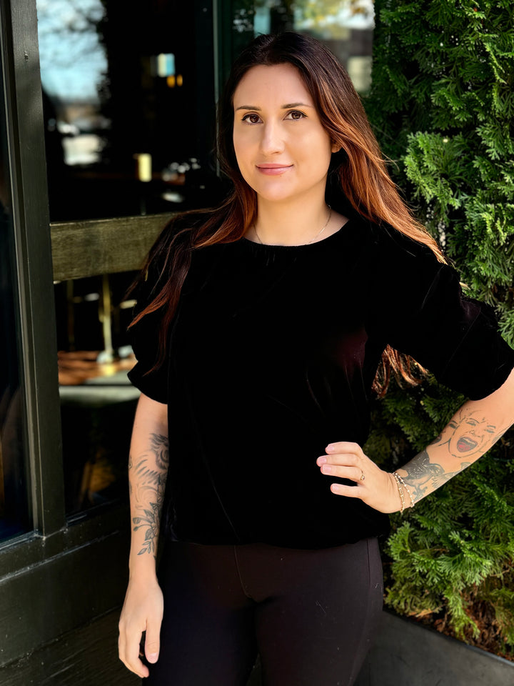BLACK VELVET RUCHED SLEEVE TOP