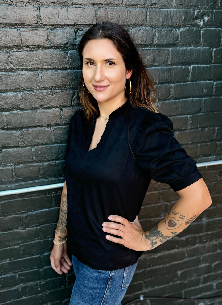 CHERI BLACK FAUX SUEDE V-NECK TOP