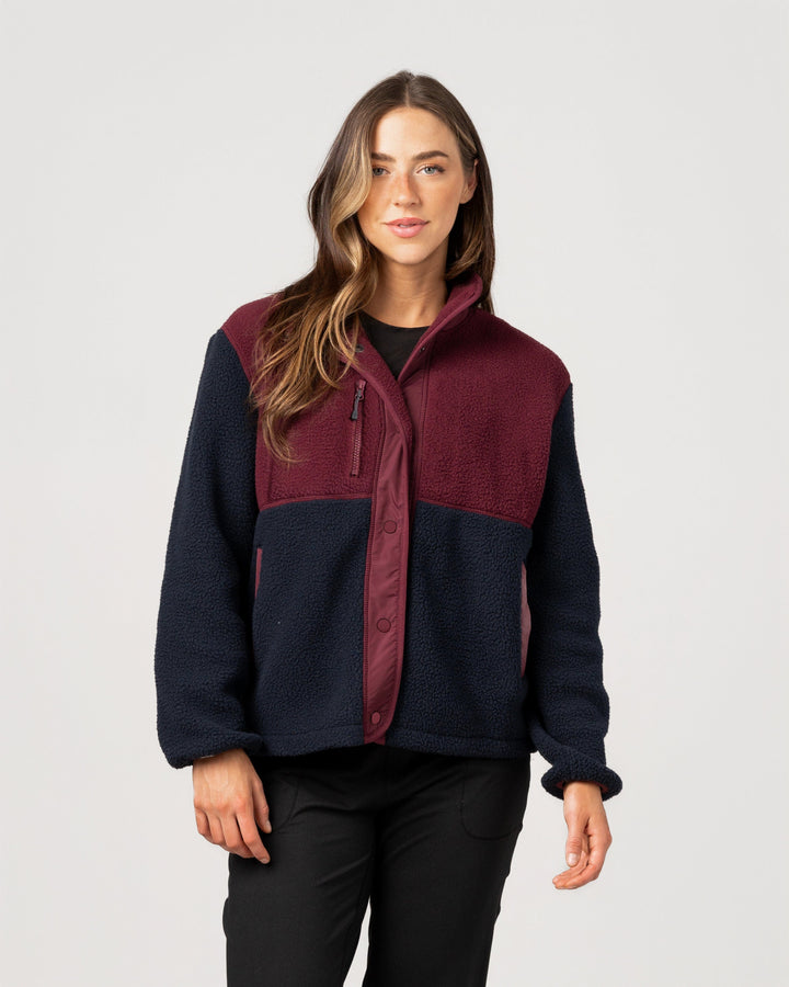 NAVY BLUE & MERLOT WARM-UP COLORBLOCK SHERPA FLEECE JACKET