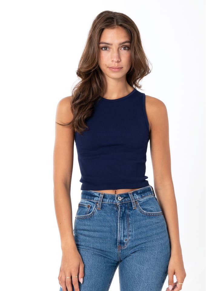 NAVY BAMBOO RIBBED CROP TANK