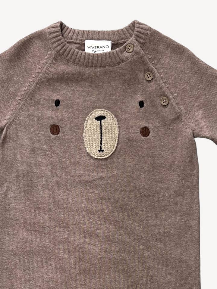Bear Embroidered Long Sleeve Knit Baby Romper