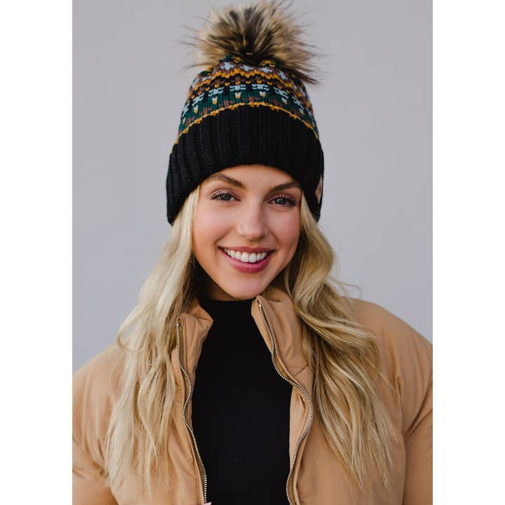 BLACK MULTI FAIR ISLE POM HAT