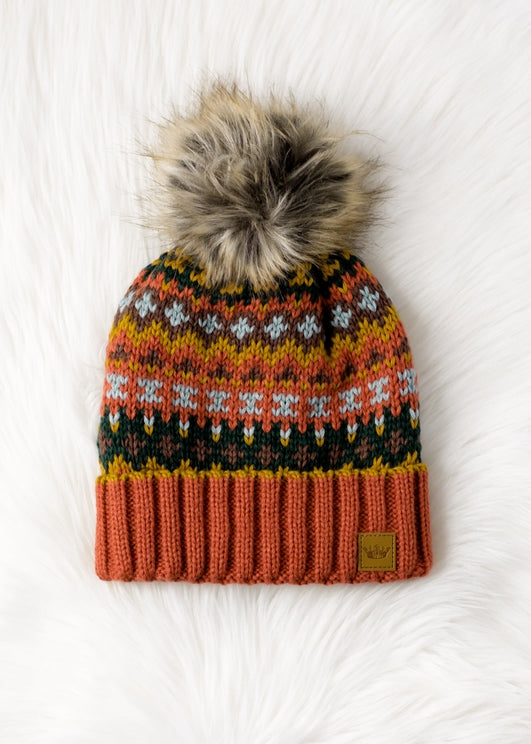 RUST MULTI FAIR ISLE POM HAT