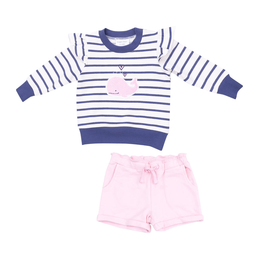 BUBBLY WHALE PINK FRENCH TERRY SWEATSHIRT & PAPERBAG SHORT SET