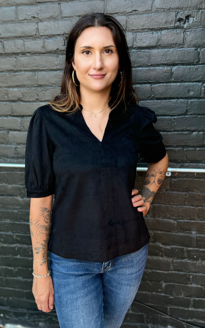 CHERI BLACK FAUX SUEDE V-NECK TOP