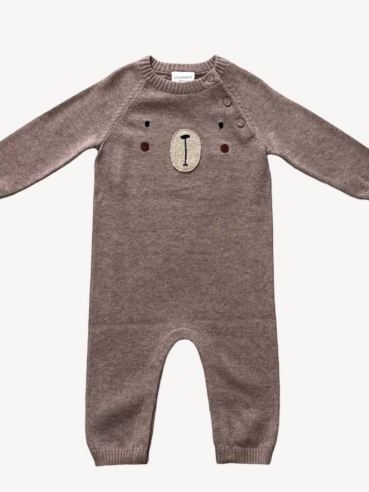 Bear Embroidered Long Sleeve Knit Baby Romper