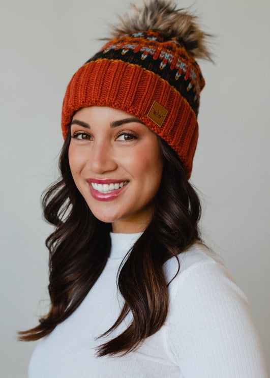 RUST MULTI FAIR ISLE POM HAT