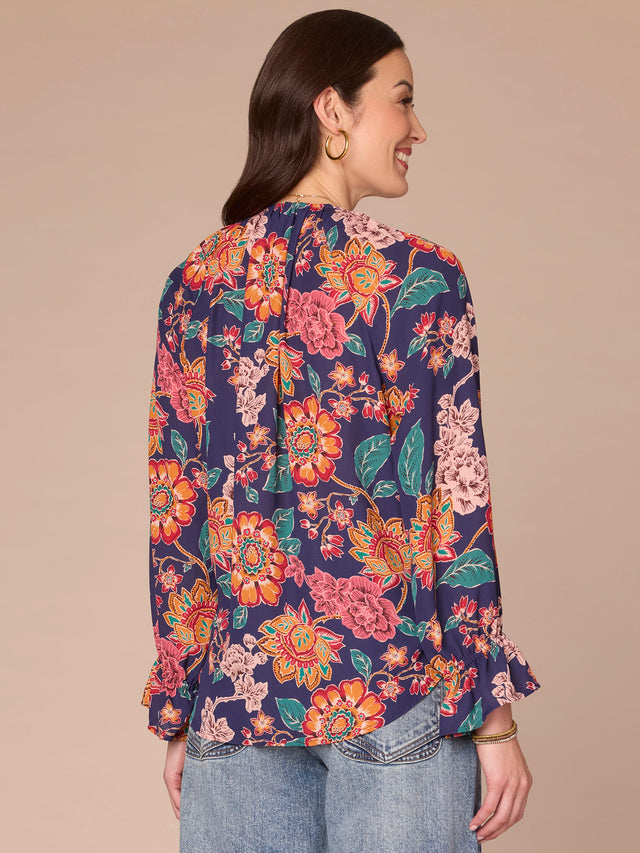 NAVY FLORAL FLOUNCE SLEEVE BLOUSE