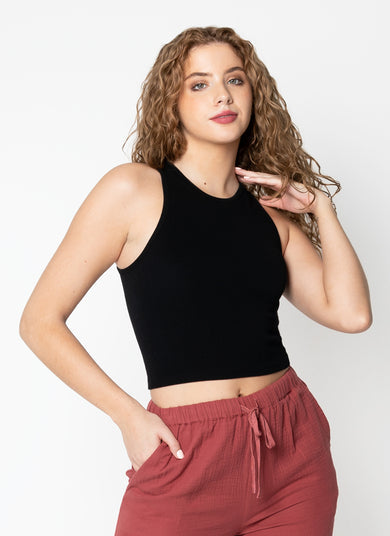 BLACK BAMBOO RIBBED CROP TANK
