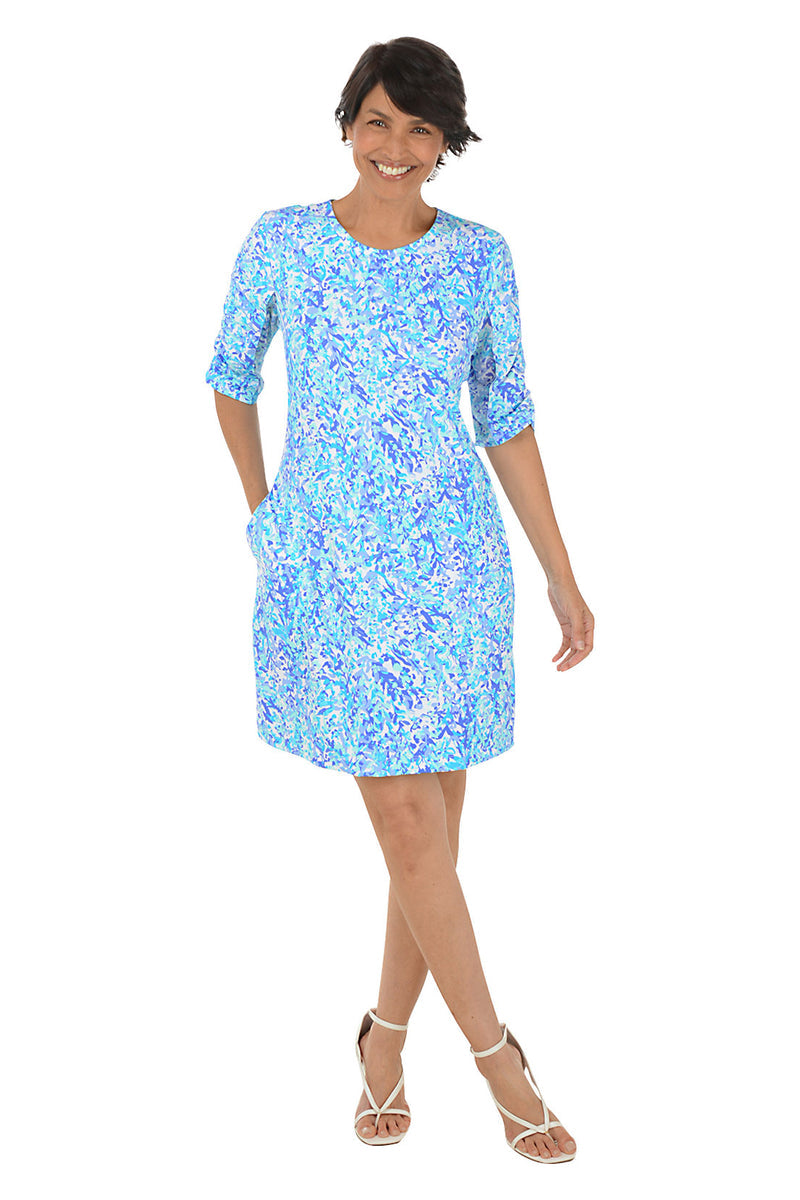 BLUE VINE RUCHED SLEEVE DRESS