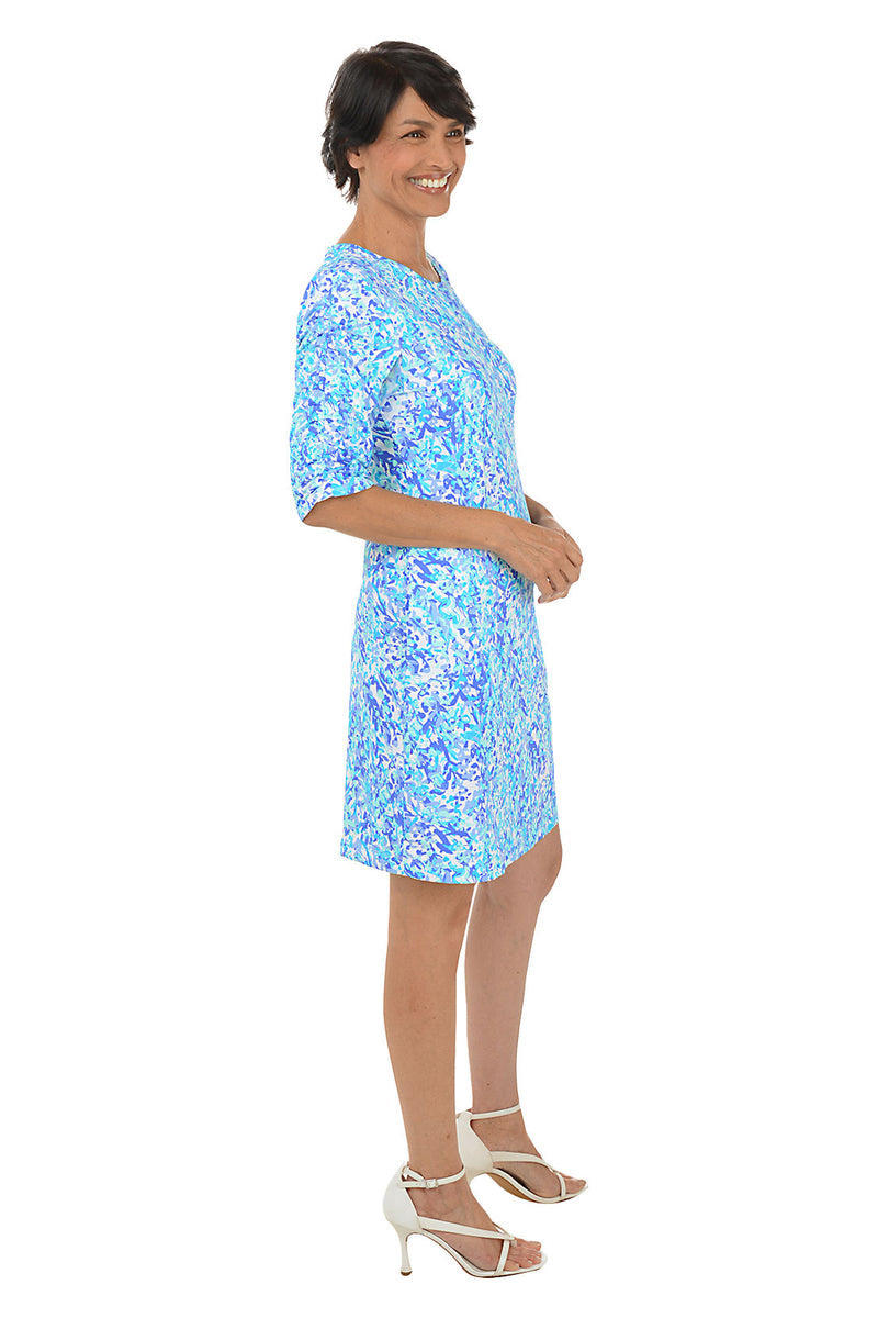 BLUE VINE RUCHED SLEEVE DRESS