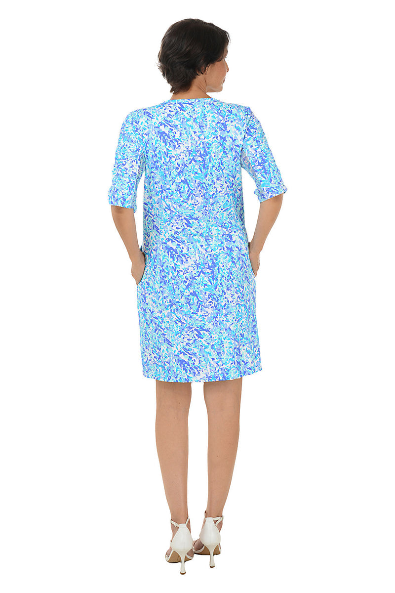 BLUE VINE RUCHED SLEEVE DRESS