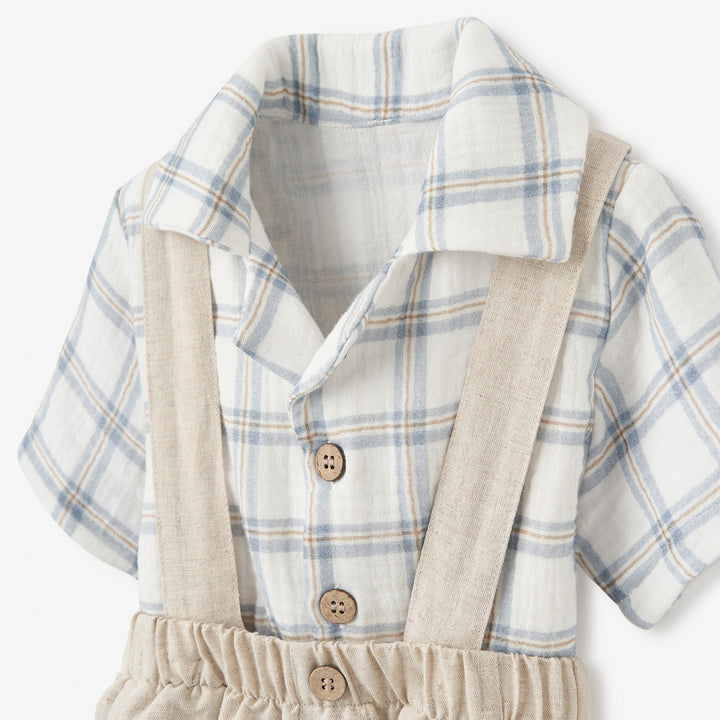 PLAID ORGANIC MUSLIN TOP & LINEN SUSPENDER SHORTS