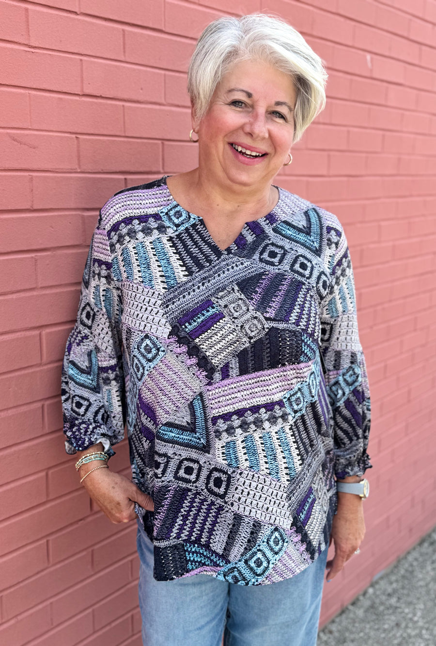 DUTCHESS AQUA PRINT KNIT TOP