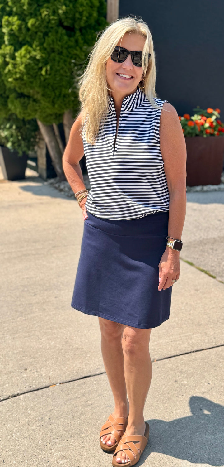 NAVY STRIPE NELLIE SLEEVELESS ZIP TOP