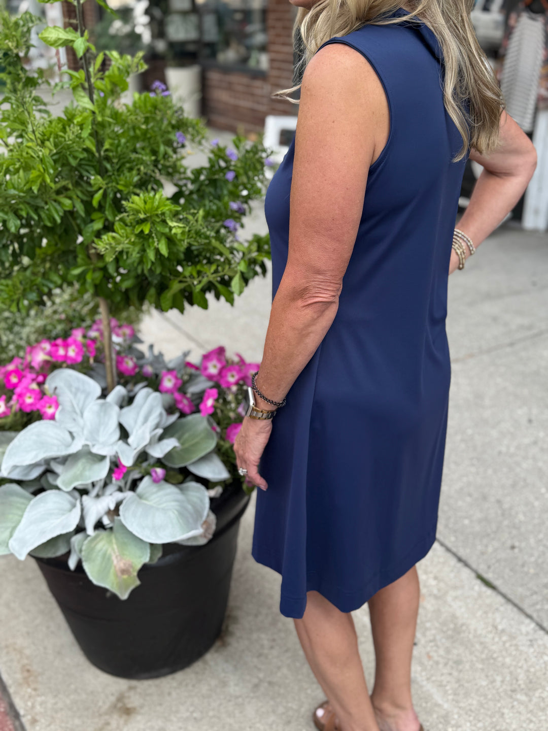 GAYLE NAVY V-NECK RUFFLE DRESS