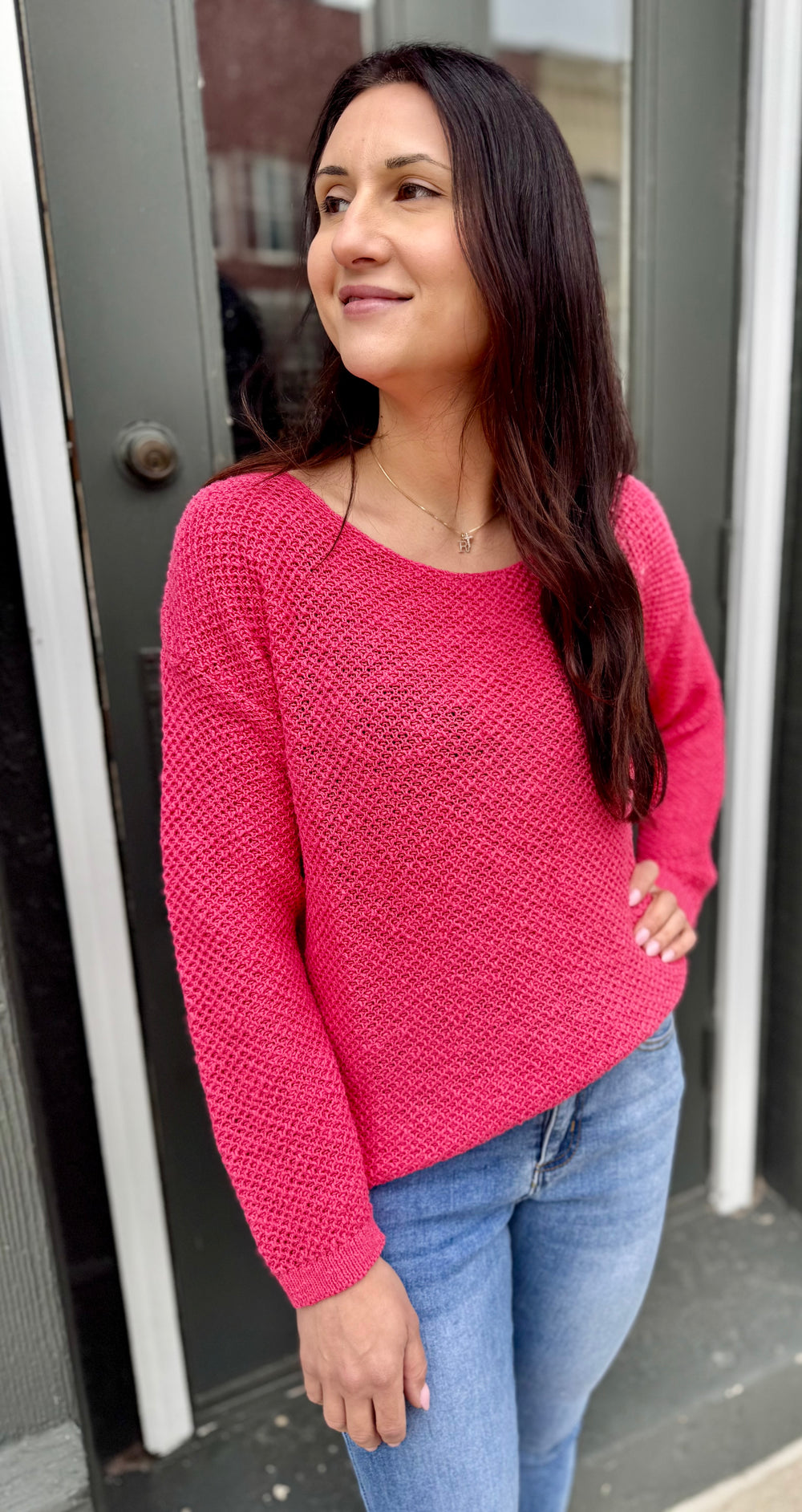 MIDGE CORAL BASKET WEAVE CREW SWEATER