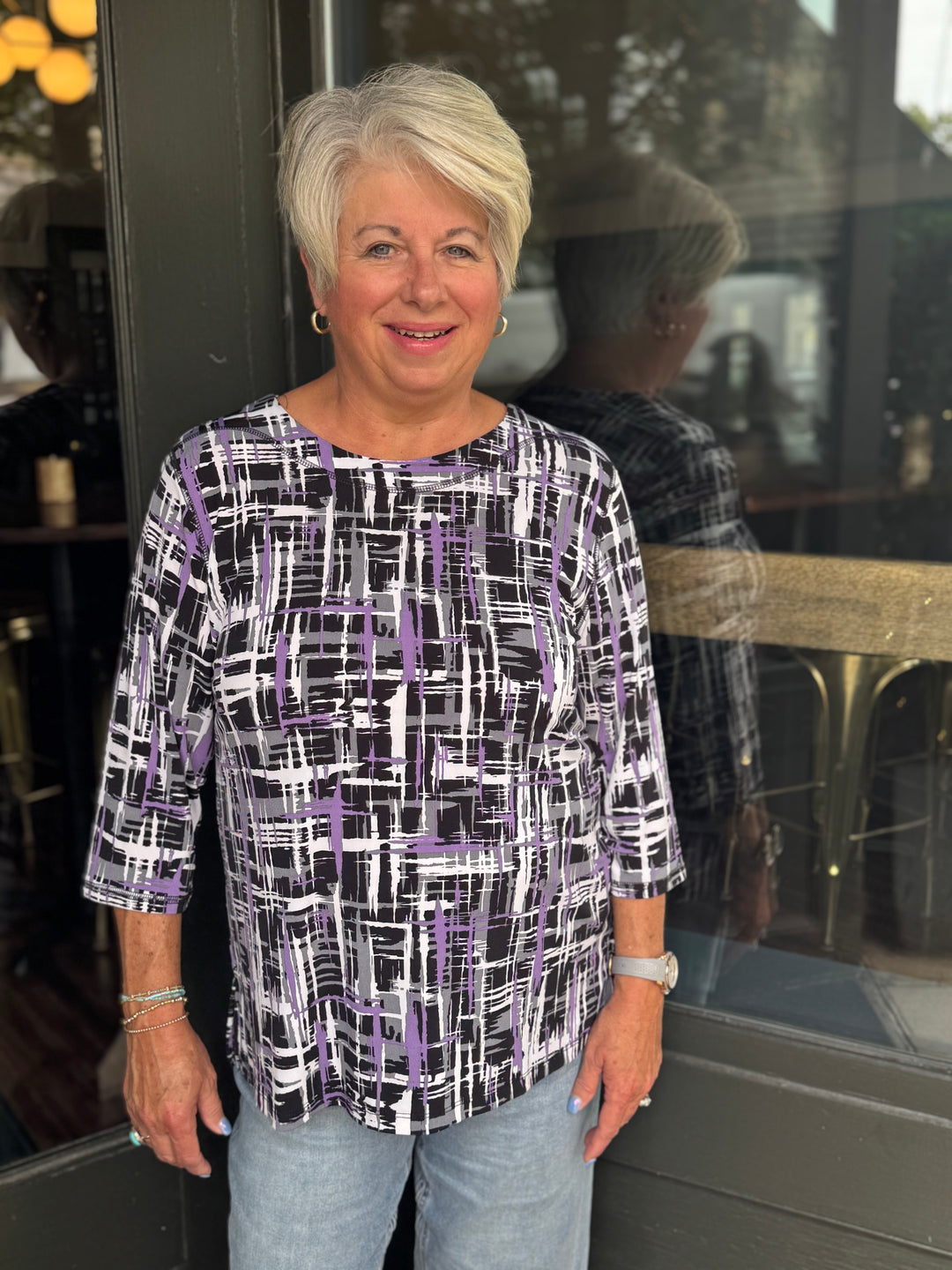 BLACK & LILAC HASHTAG PLAID KNIT TOP