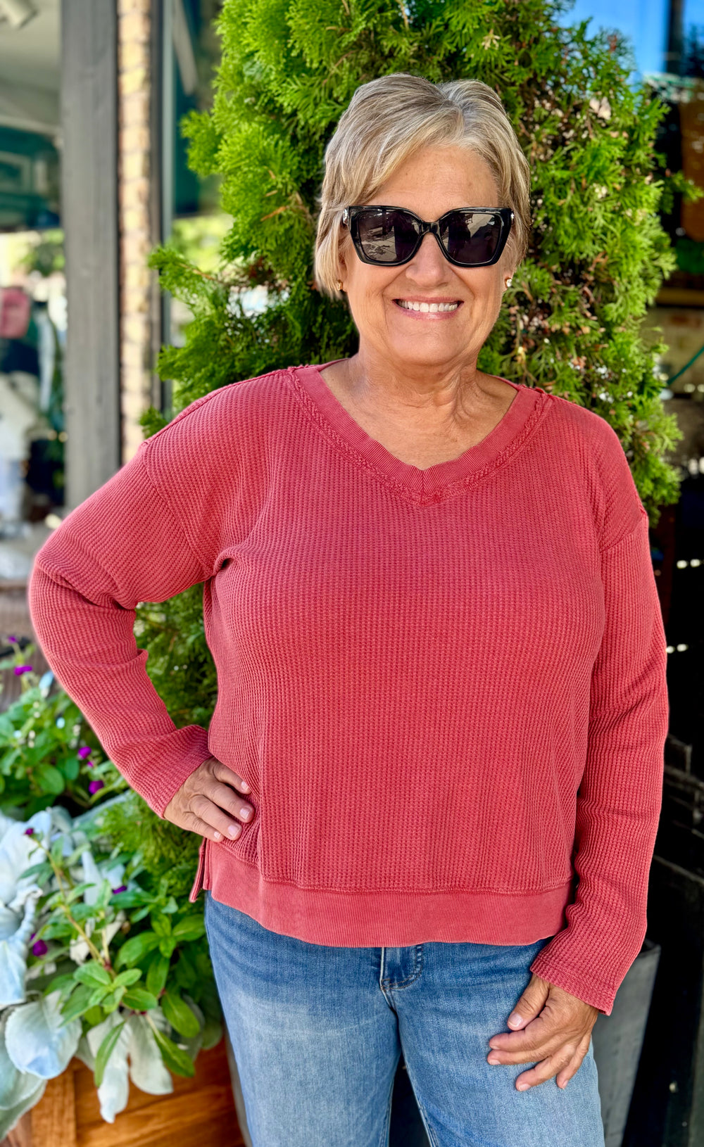 SPICED CIDER WAFFLE KNIT TOP