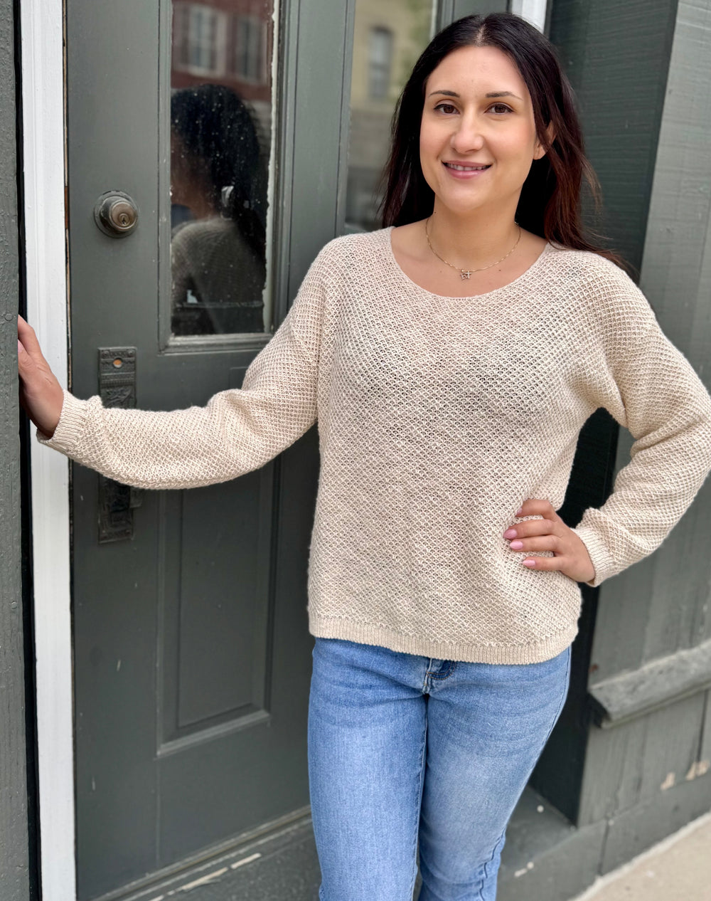MIDGE NATURAL BASKET WEAVE CREW SWEATER