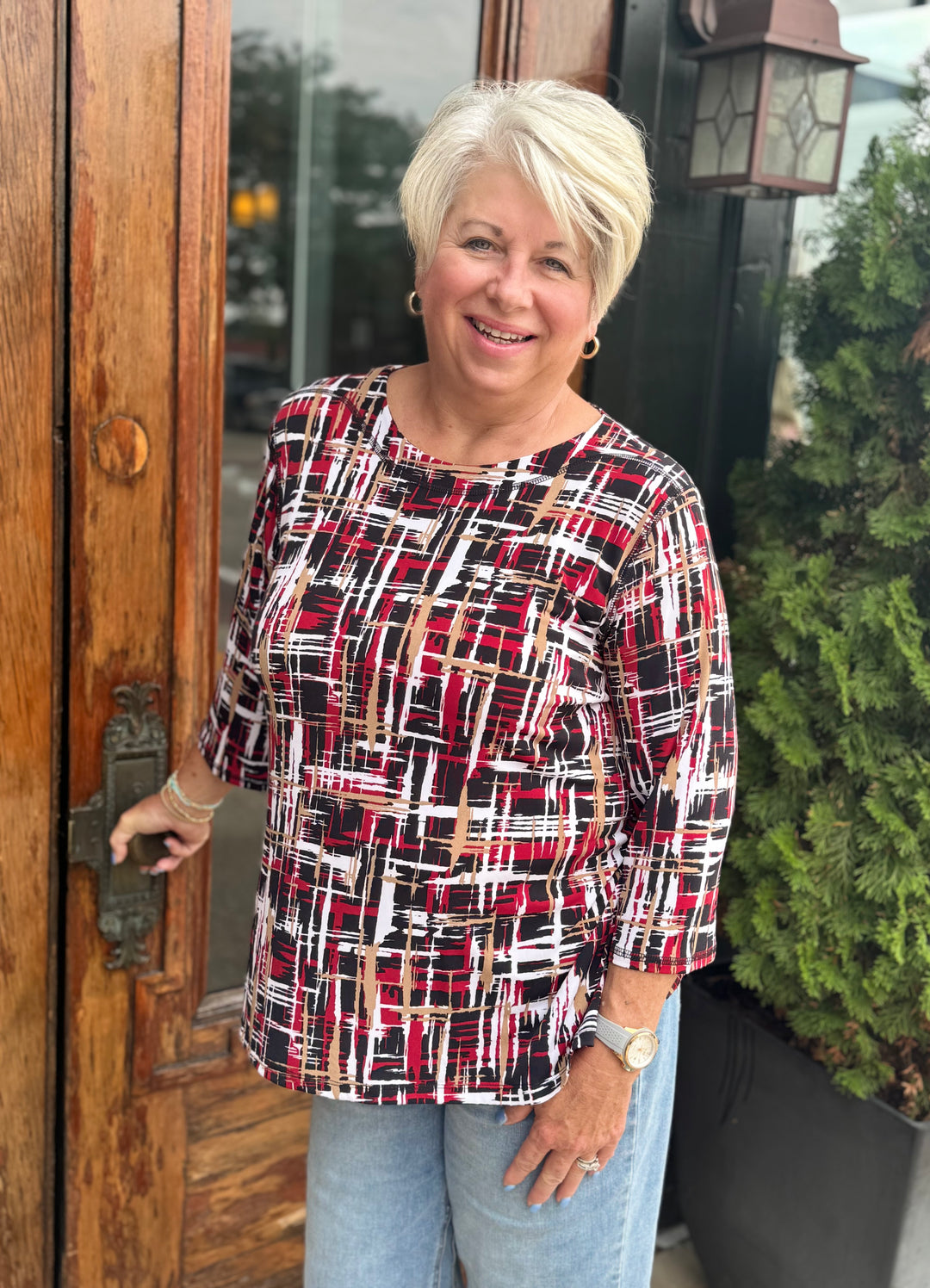 BLACK & RED HASHTAG PLAID KNIT TOP