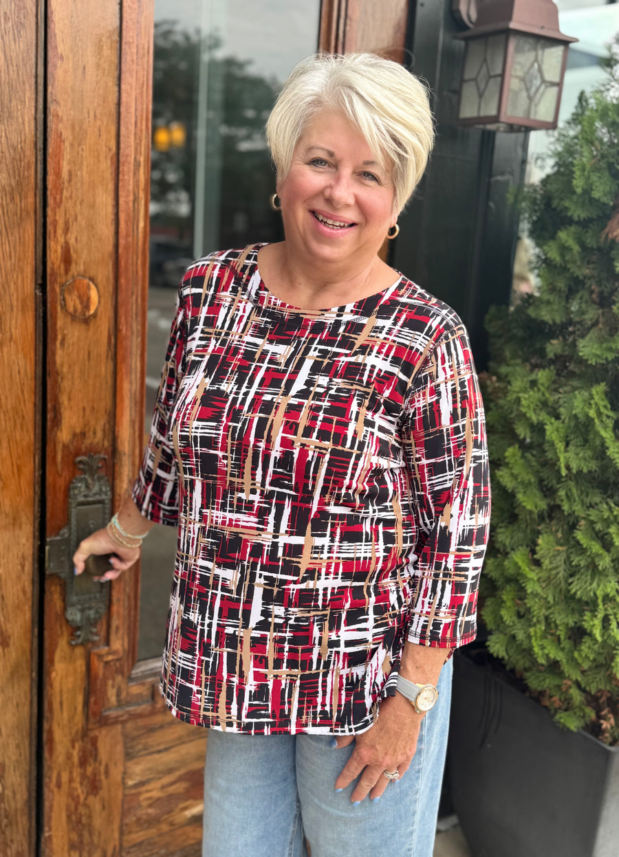 BLACK & RED HASHTAG PLAID KNIT TOP