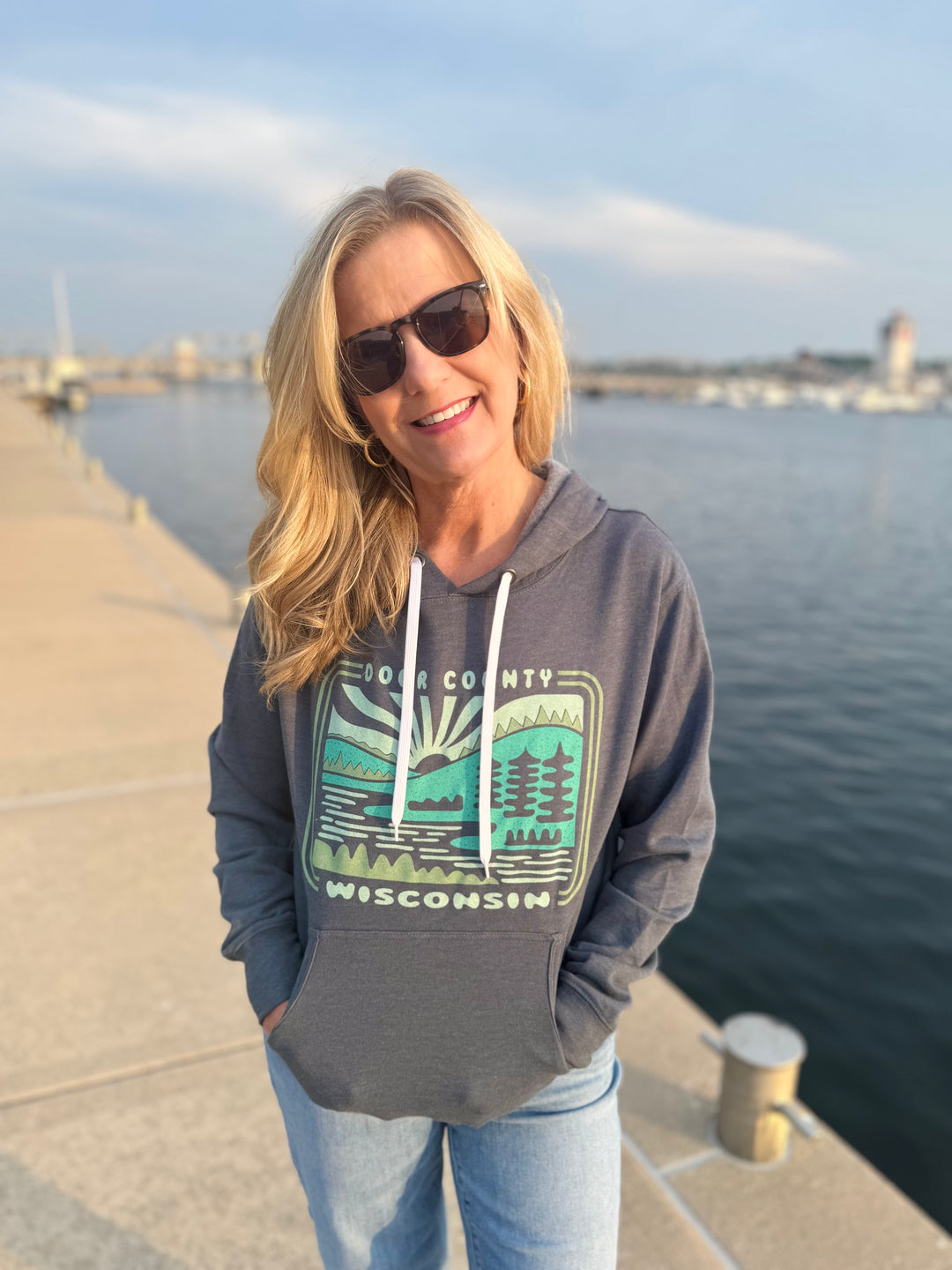 HEATHER NAVY DOOR COUNTY LAKE & PINES HOODIE