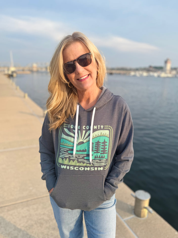 HEATHER NAVY DOOR COUNTY LAKE & PINES HOODIE