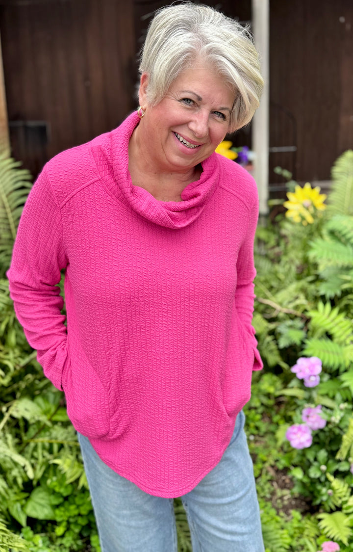 PINK TEXTURE COWL KNIT TOP