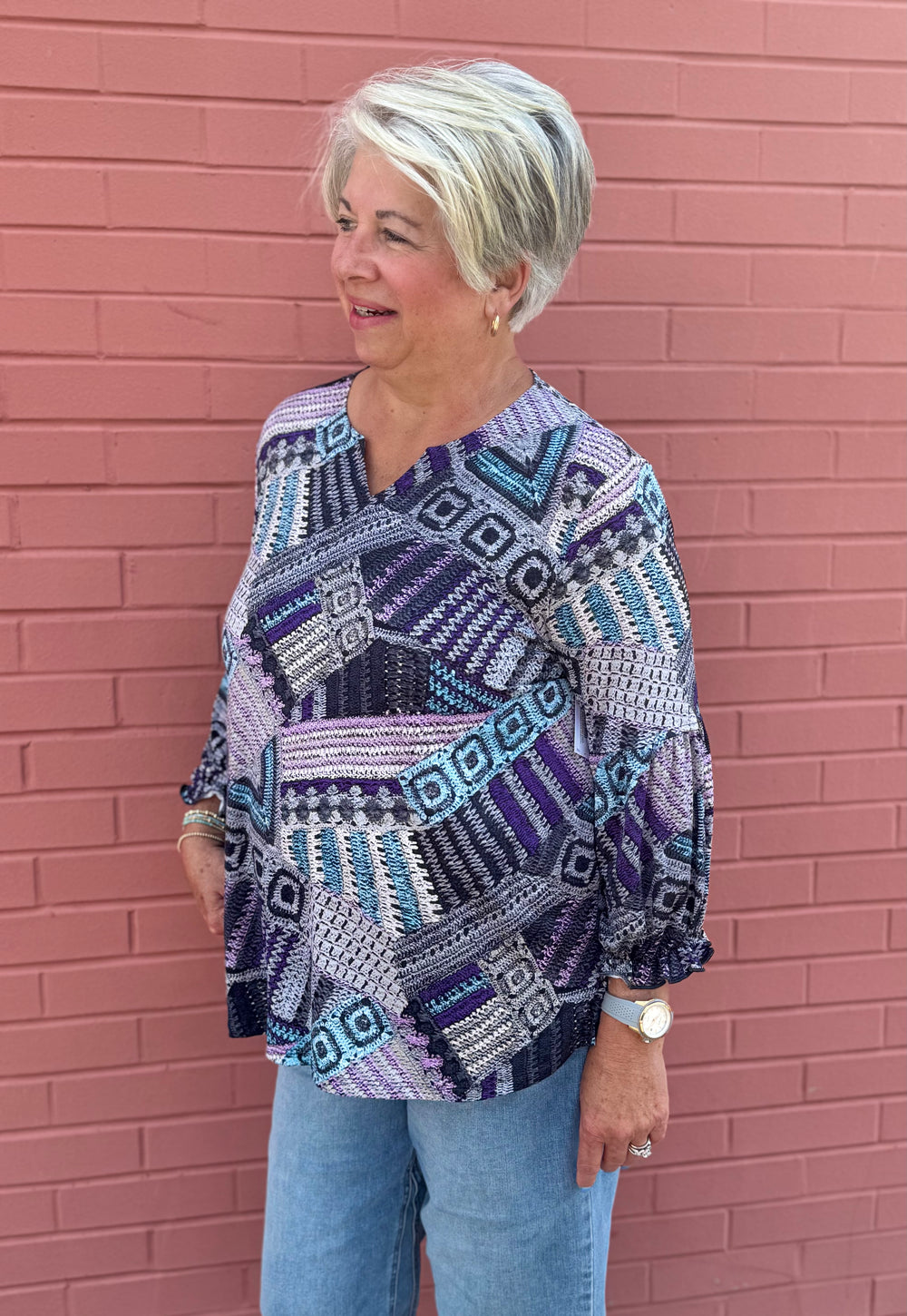 DUTCHESS AQUA PRINT KNIT TOP