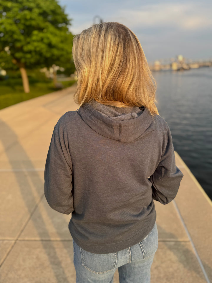 HEATHER NAVY DOOR COUNTY LAKE & PINES HOODIE