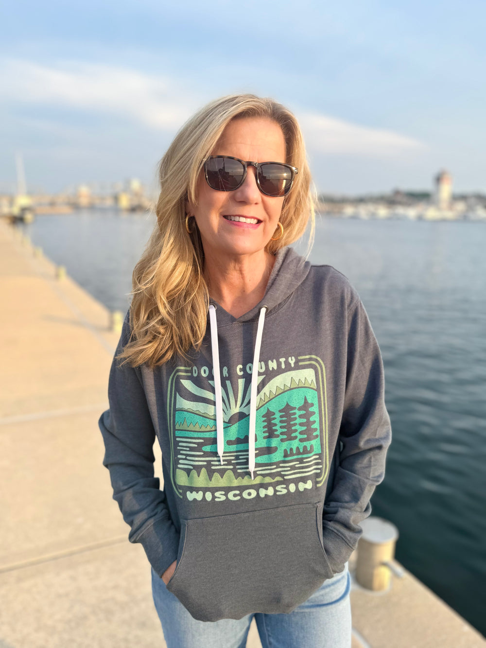 HEATHER NAVY DOOR COUNTY LAKE & PINES HOODIE