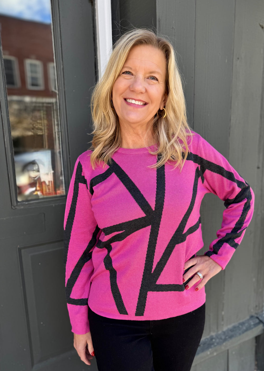 PINK & CHARCOAL GEOMETRIC LINES CREWNECK SWEATER