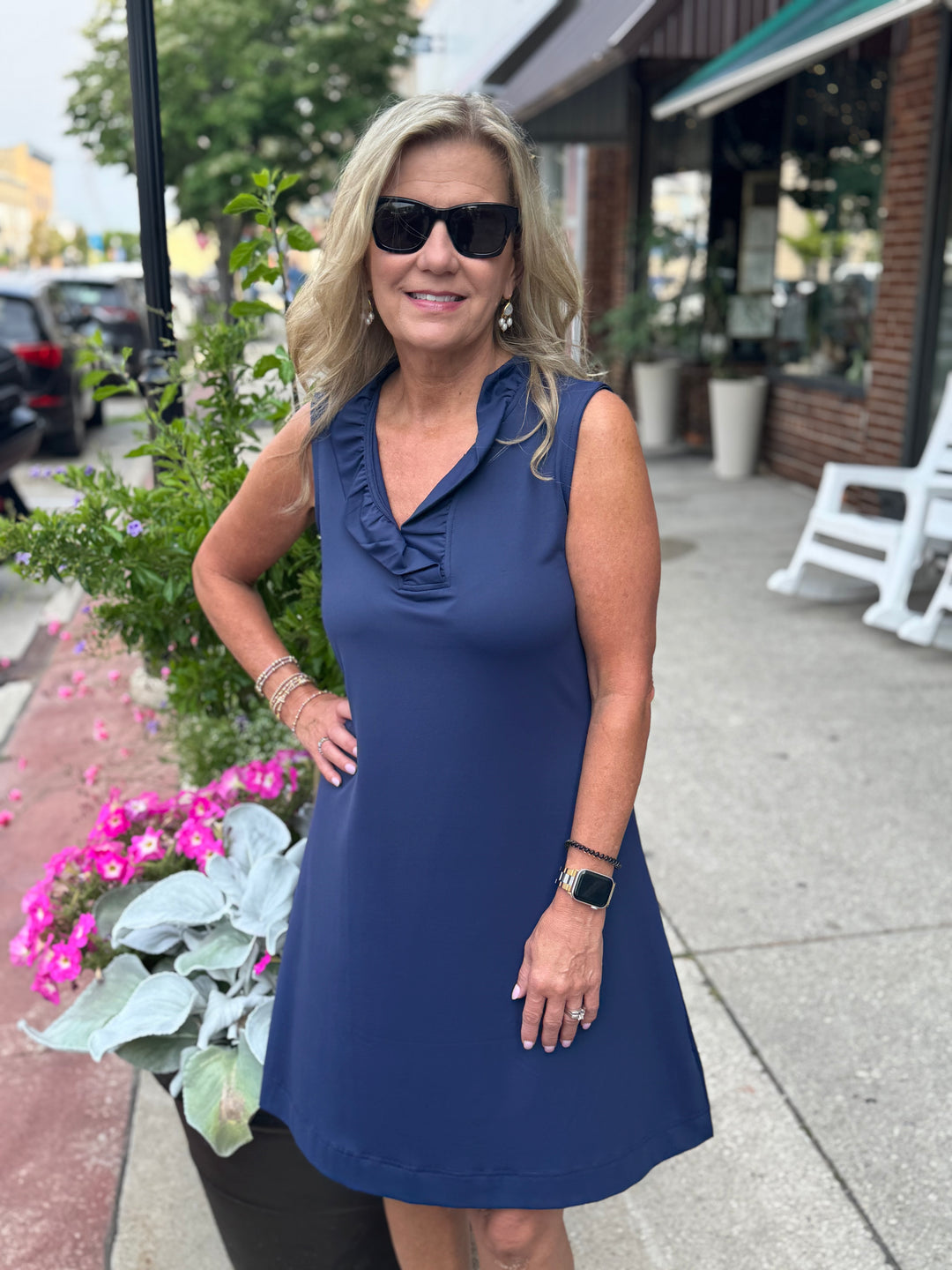 GAYLE NAVY V-NECK RUFFLE DRESS