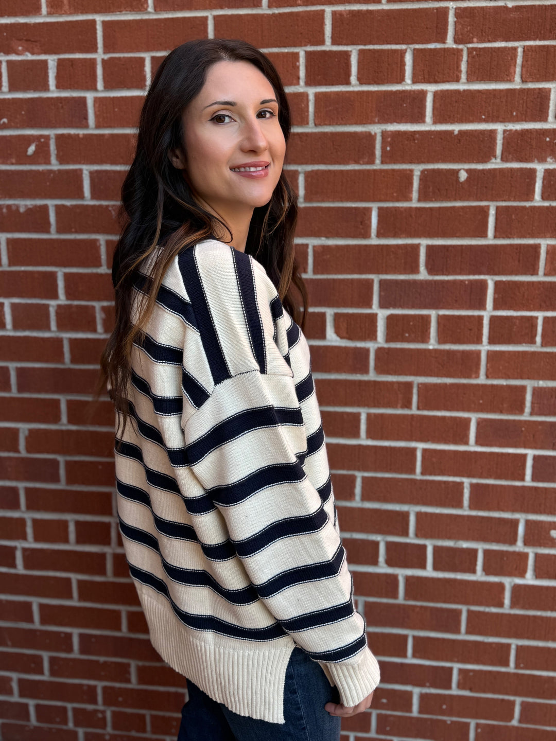 CONNIE NAVY & CREAM STRIPE CARDIGAN