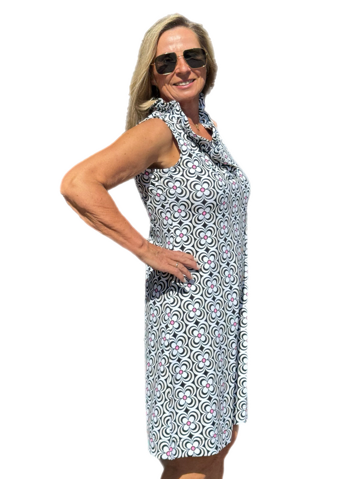 GAYLE BLACK & WHITE OPTIC DAISY SLEEVELESS RUFFLE NECK DRESS