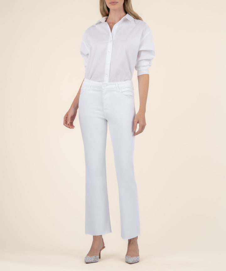 KELSEY OPTIC WHITE HIGH RISE ANKLE FLARE WITH RAW HEM